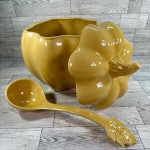 Pumpkin Shaped Ceramic Soup Tureen With Lid Leaf Ladle 10" Fall Thanksgiving